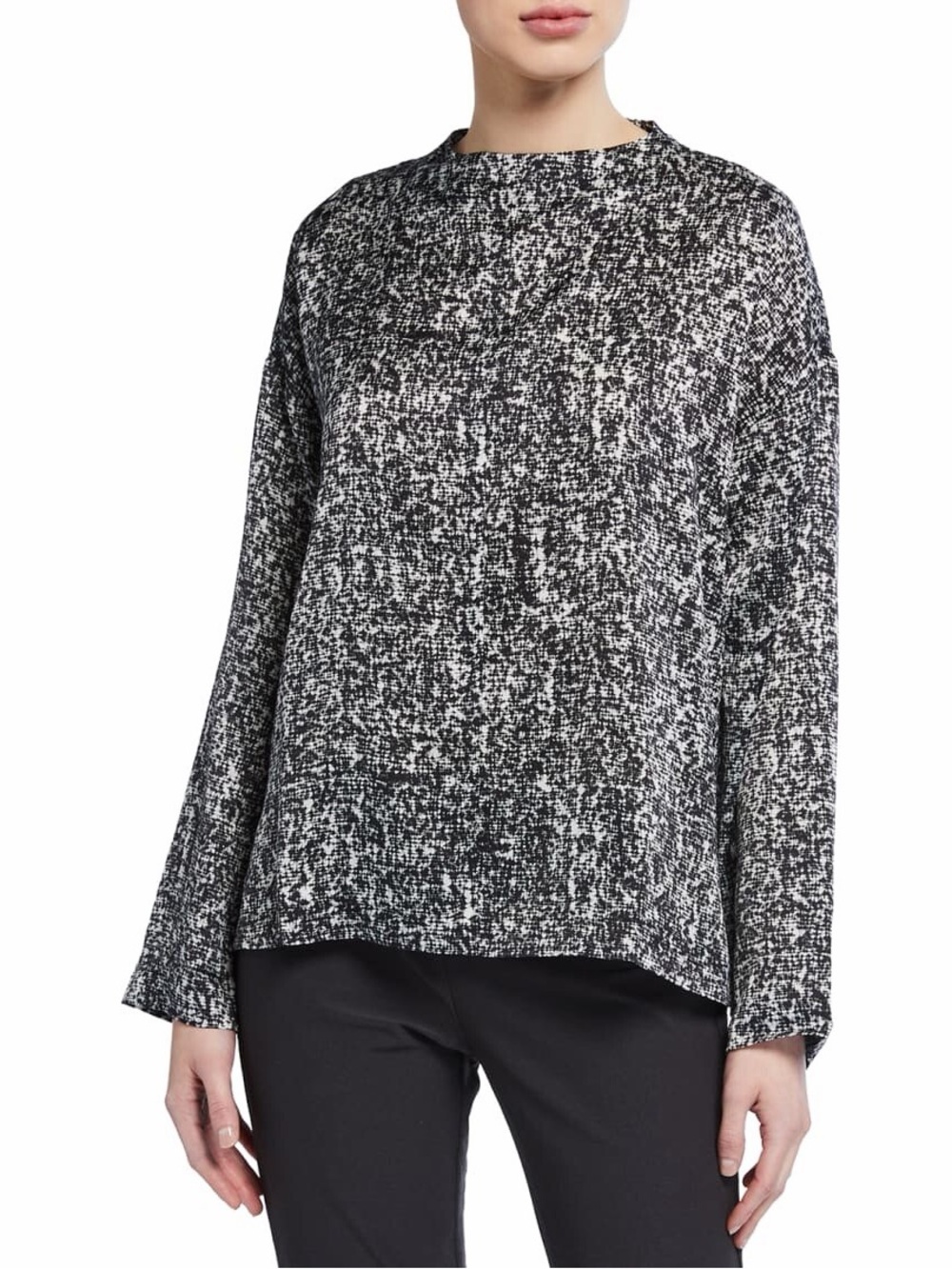 Eileen Fisher Black Prism Print Top Boxy Funnel Neck Long Sleeve Silk / Cotton